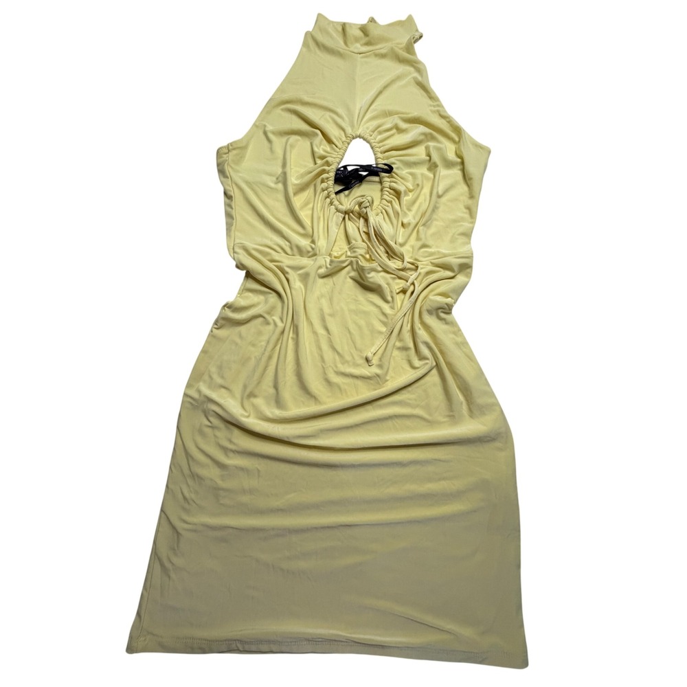 Forever 21 Women Yellow Halter Keyhole Cutout Ruched Mini Dress Large